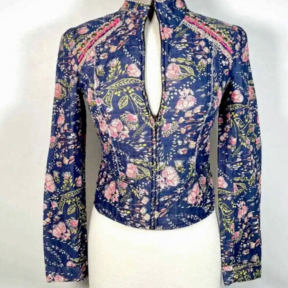 Free People Meadow Quilted Floral Jacket XS Blue Zip Up